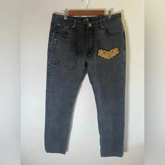 Vintage AKOO Faded Distressed Black Gold Jeans Embroidered Leaf‎ Detail 36 0011 - Picture 2 of 13